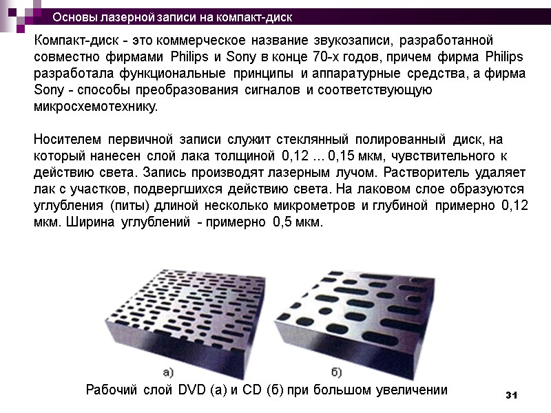 31 Компакт-диск - это коммерческое название звукозаписи, разработанной совместно фирмами Philips и Sony в